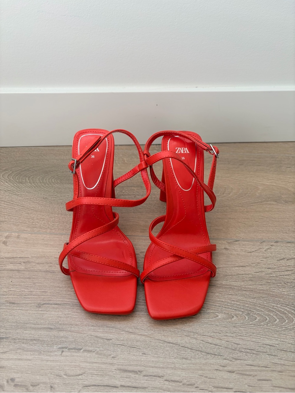 Zara Orange Strappy Square-Toe Heels